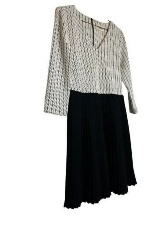 GANNI Anthropologie Jacquard Dress Small Pleated Skirt Herringbone Black White - Picture 4 of 10